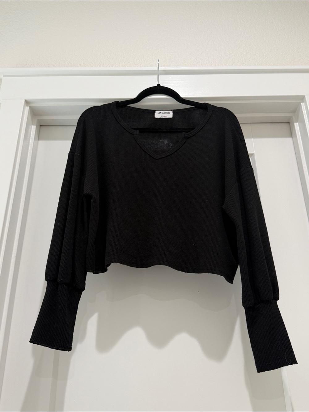 LNA Black Cropped Waffle Knit Long-Sleeve Top